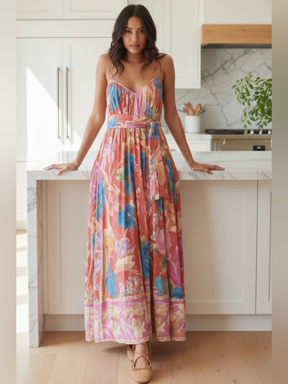 Tie Waist Belted Bright Contrasting Floral V-Neck Open Back Spaghetti Strap Maxi - Picture 1 of 11